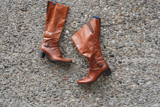 Vintage Esprit 90s Cognac Leather Knee High Boots Block Heel Almond Toe Size 38