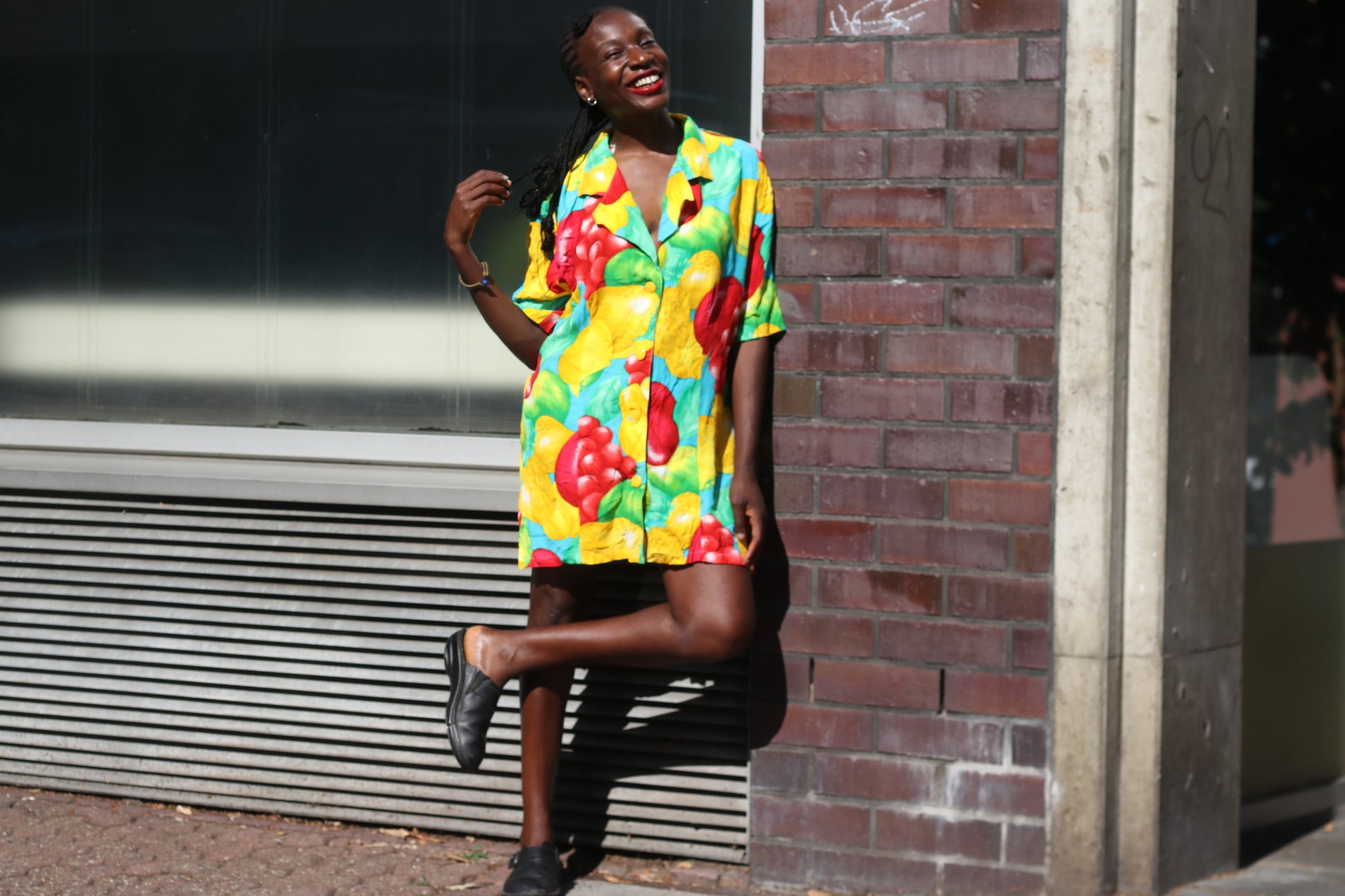 Vintage 90s Fruit Print Shirt Dress - Vibrant Oversized Summer Tunic