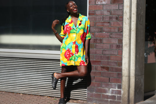 Vintage 90s Fruit Print Shirt Dress - Vibrant Oversized Summer Tunic
