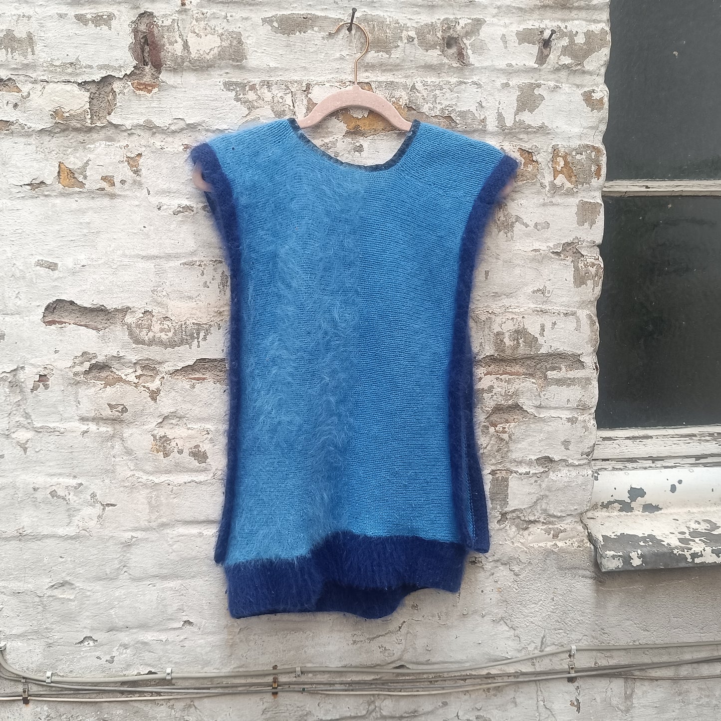Knit Vest 80s Vintage Blue Mohair Sleeveless Sweater Top | S/M