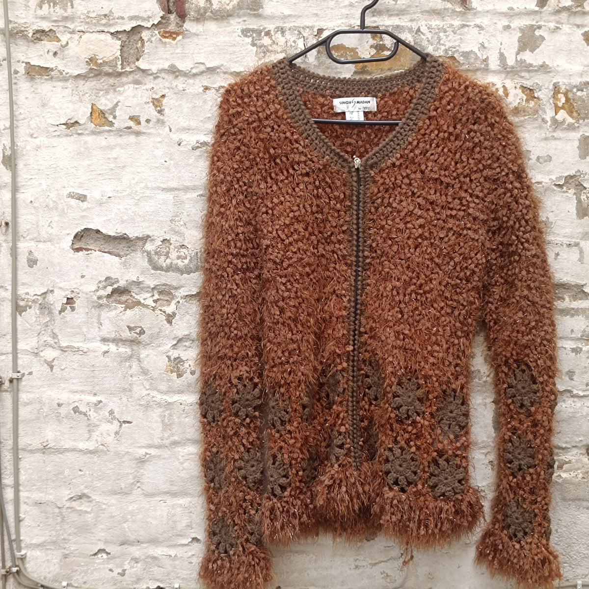 Vintage Brown Fuzzy Knit Cardigan | Y2K Crochet Trim Zipper Sweater XL