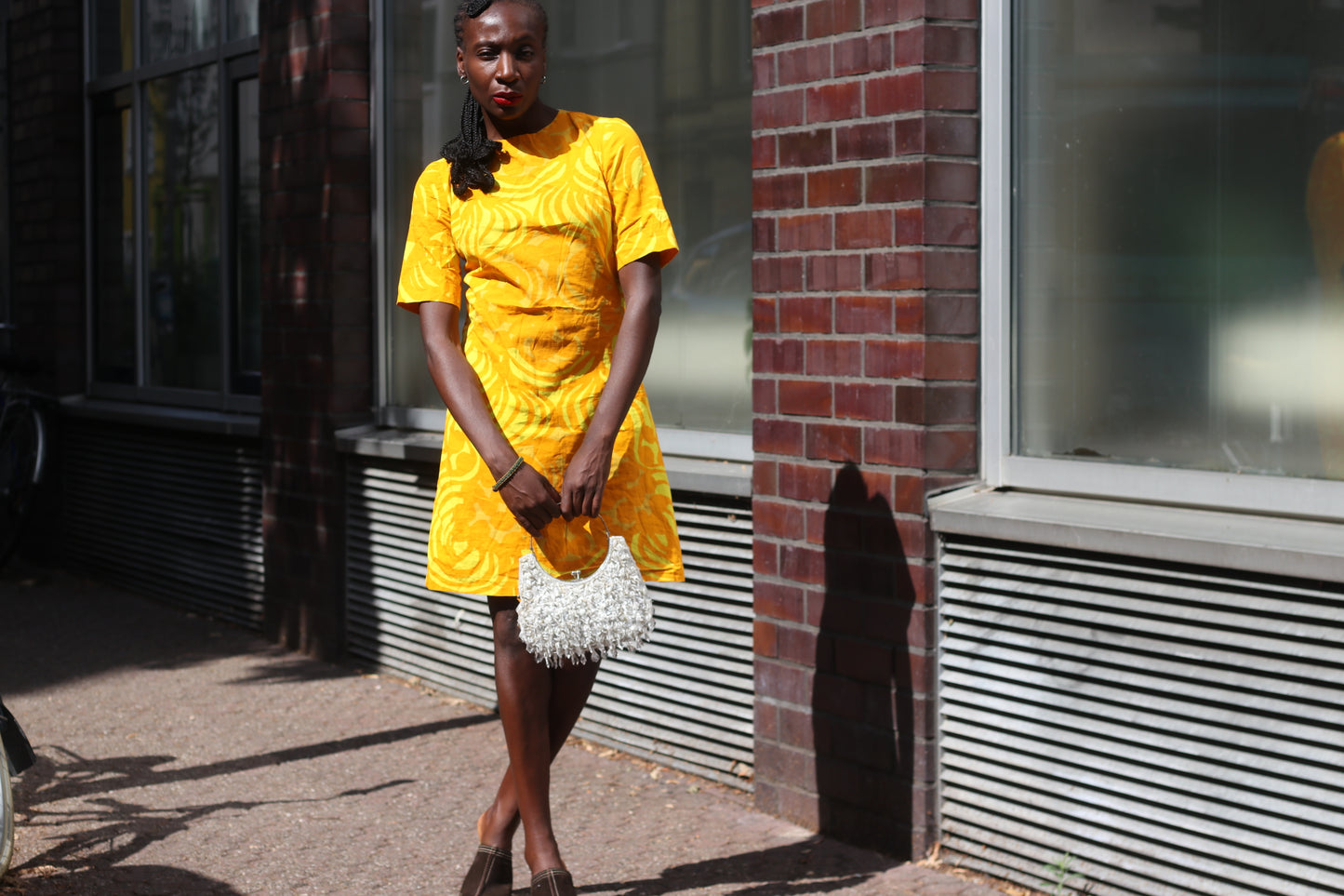 Vintage 1960s Yellow Patterned Shift Dress - Retro Short Sleeve Mini
