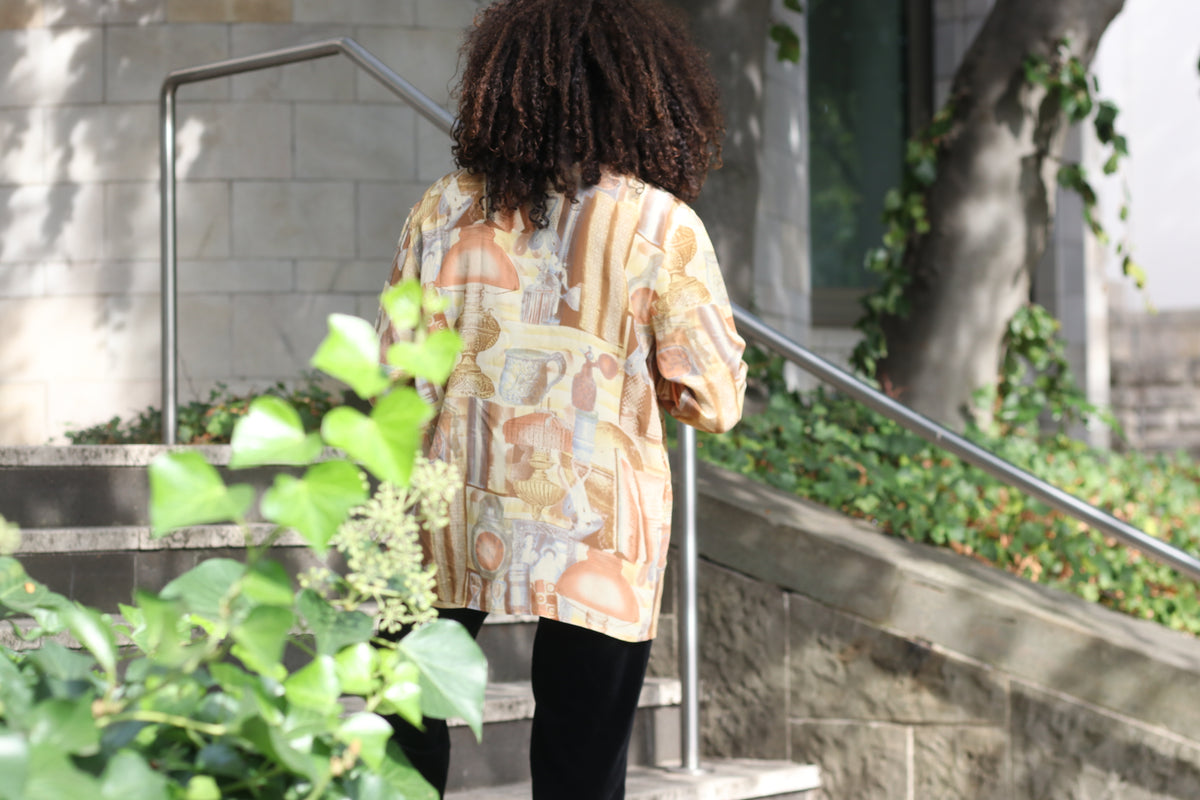 Vintage Silk Blend Blouse | 90s Sepia Antique Print Gold Shirt S/M