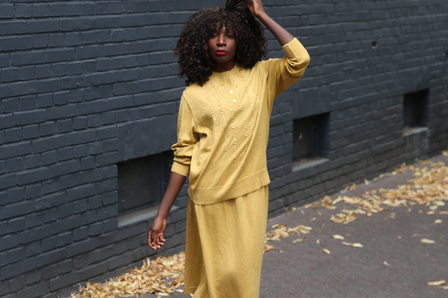 Vintage Wool Knit Skirt Set | 1980s Mustard Yellow Two Piece M