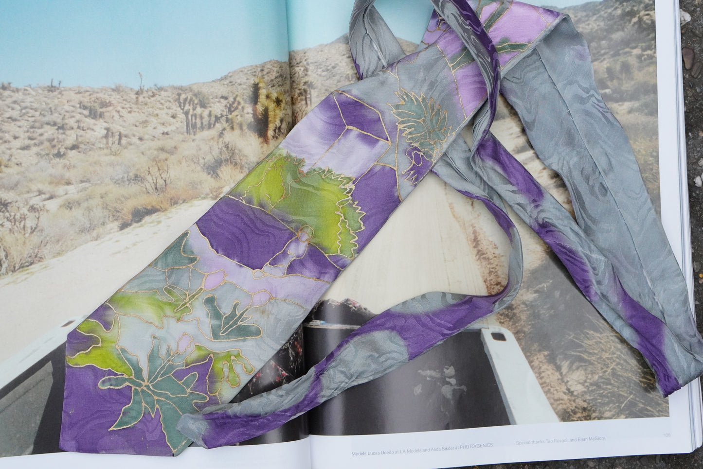 Vintage 100% Silk Tie Hand Painted Abstract Floral Purple Green Gray Art Wear Necktie