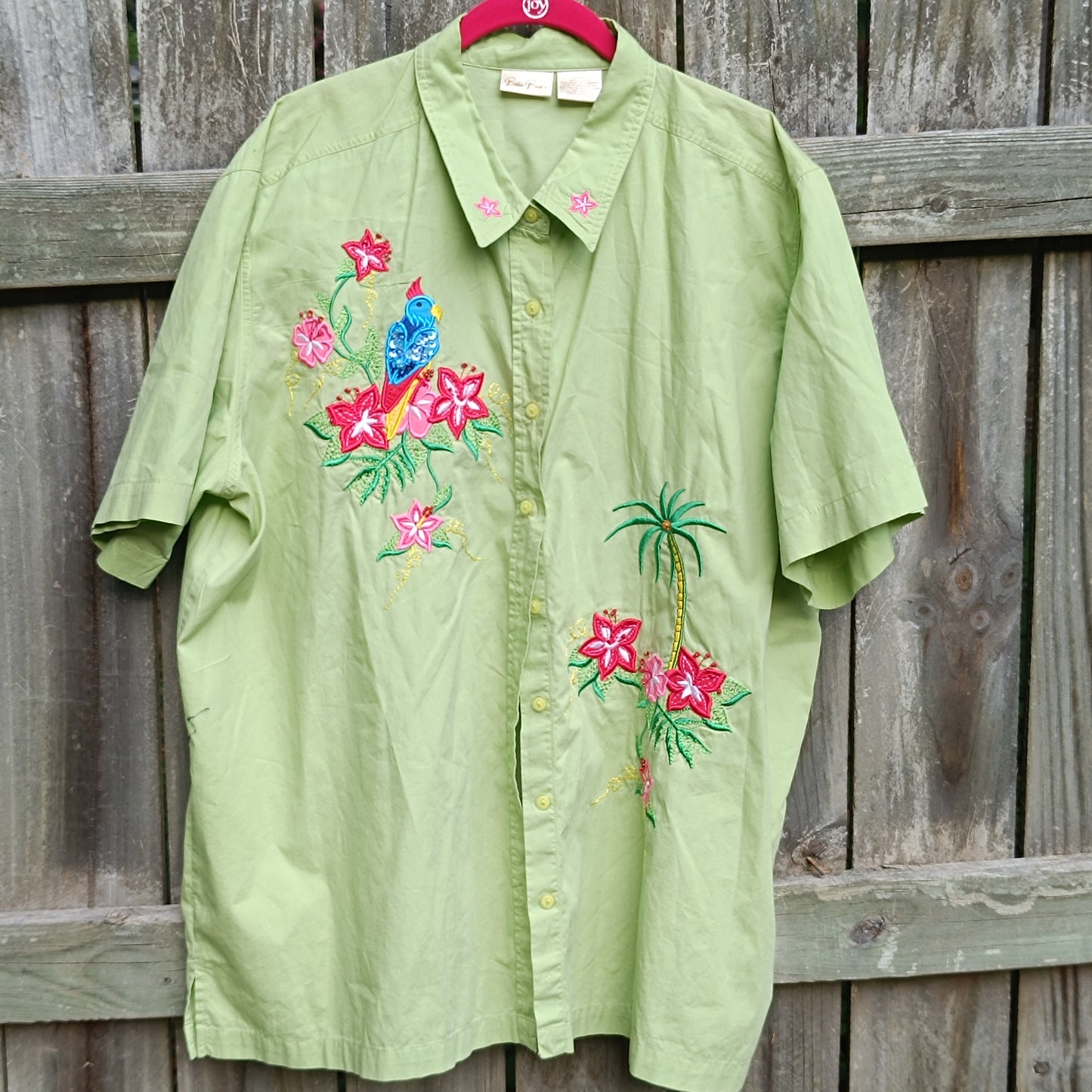 Bobbie Brooks Vintage 90s Green Embroidered Tropical Hawaiian Shirt