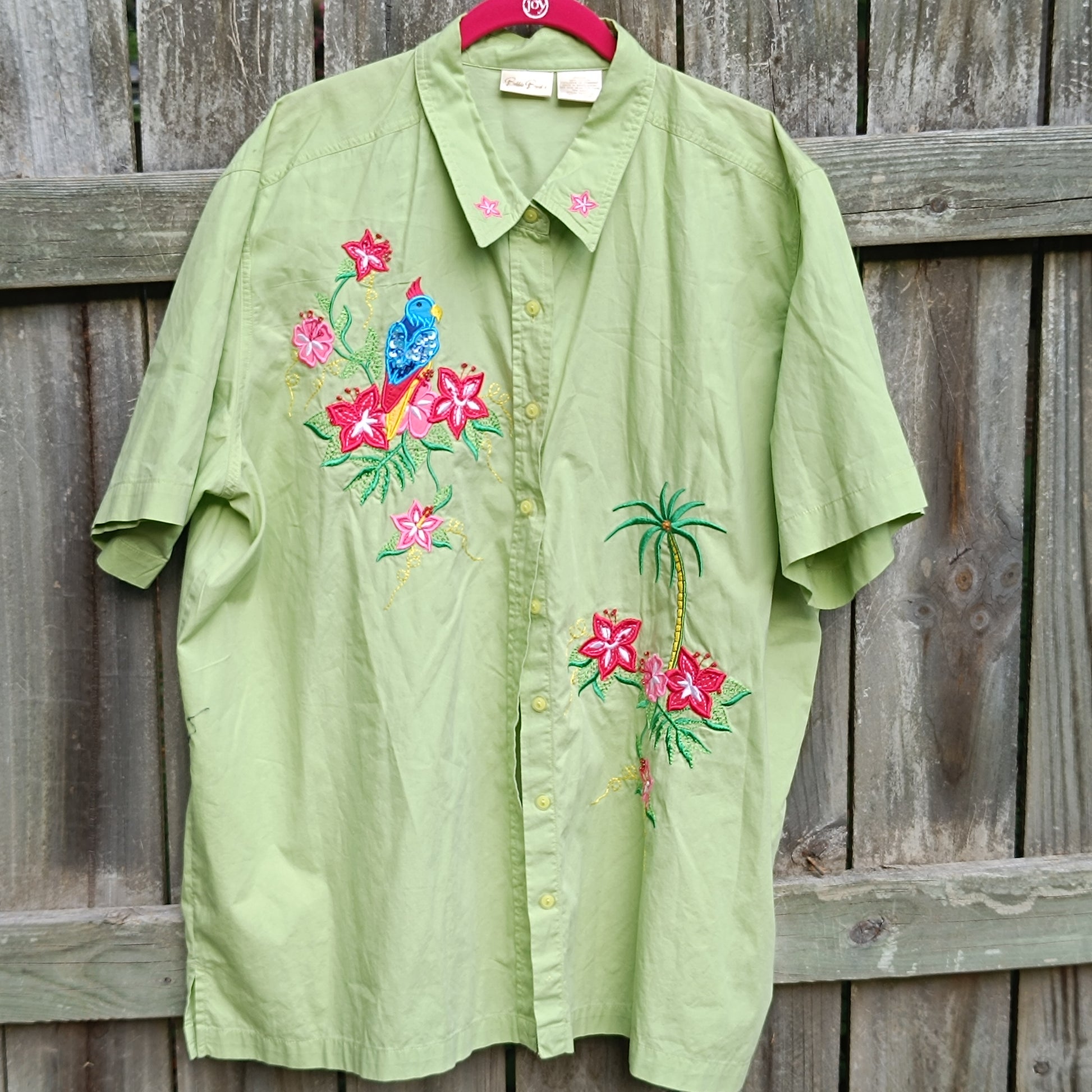 Bobbie Brooks Vintage 90s Green Embroidered Tropical Hawaiian Shirt