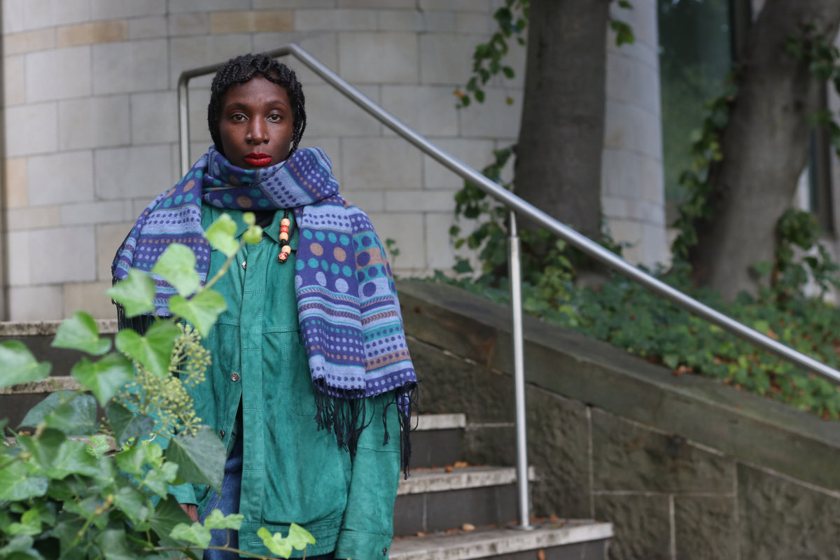 Vintage Fringe Scarf | 80s Patterned Acrylic Shawl - Blue Green One Size