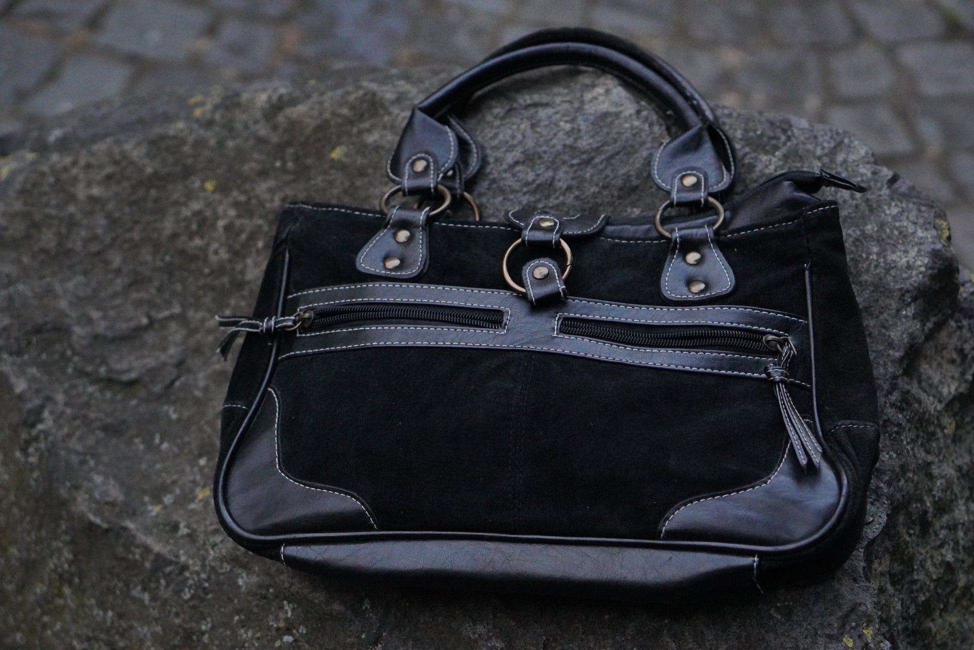 Damart Vintage 90s Black Suede Handbag - Retro Y2K Shoulder Bag