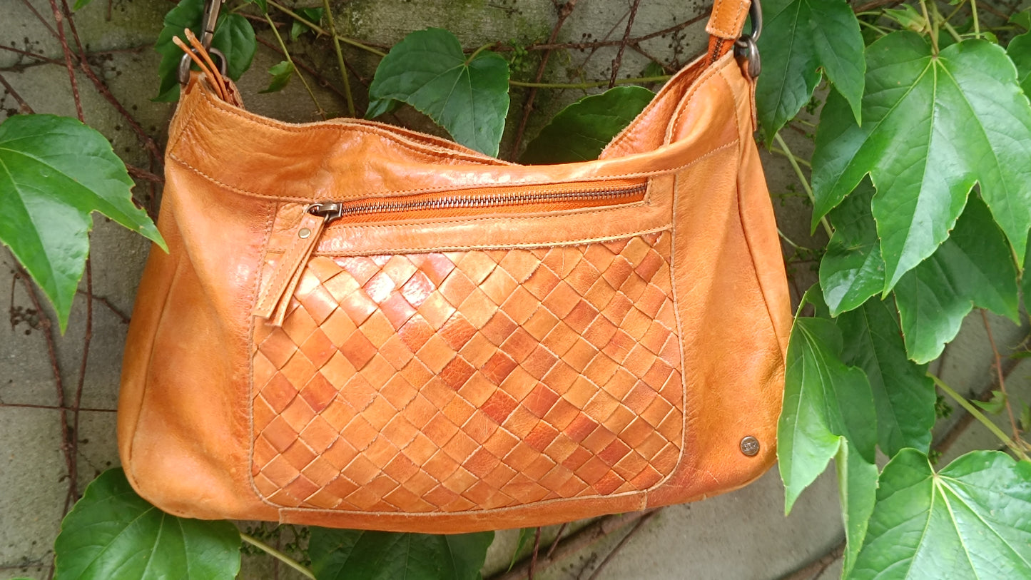 COX Vintage Tan Leather Crossbody Bag Woven Boho Shoulder Purse