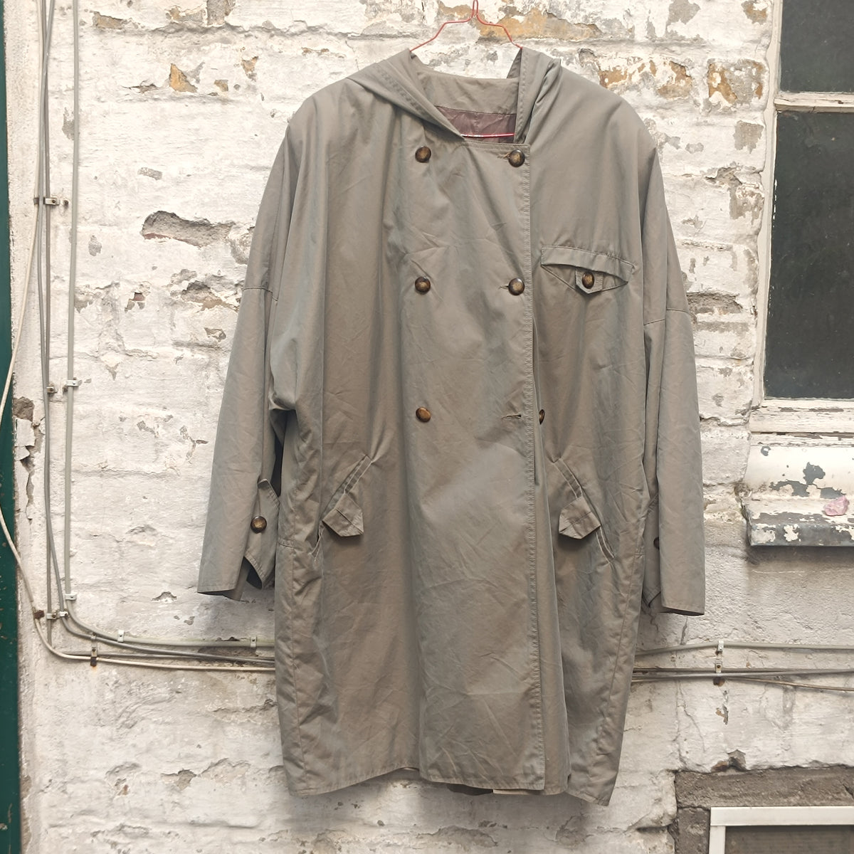 Trench Coat 80s Vintage Sage Green Hooded Oversized Jacket | L/XL