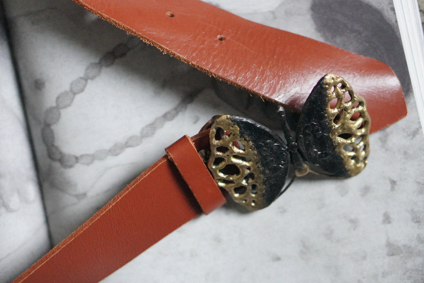 Vintage Butterfly Leather Belt | 80s Cognac Brown Statement Belt M/L
