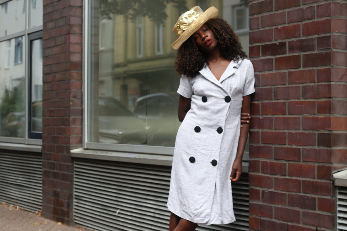 Linen Look Dress | 70s Vintage Double Breasted Midi | Light Grey S/M