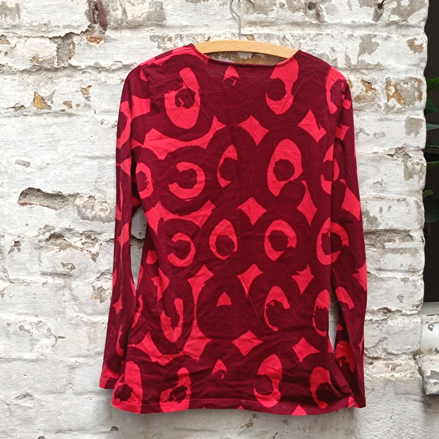 Marimekko Vintage Red Graphic Top - Y2K Long Sleeve Cotton Shirt