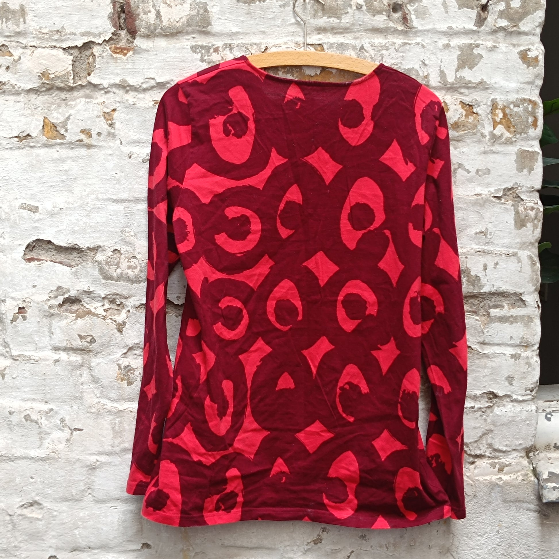 Marimekko Vintage Red Graphic Top - Y2K Long Sleeve Cotton Shirt