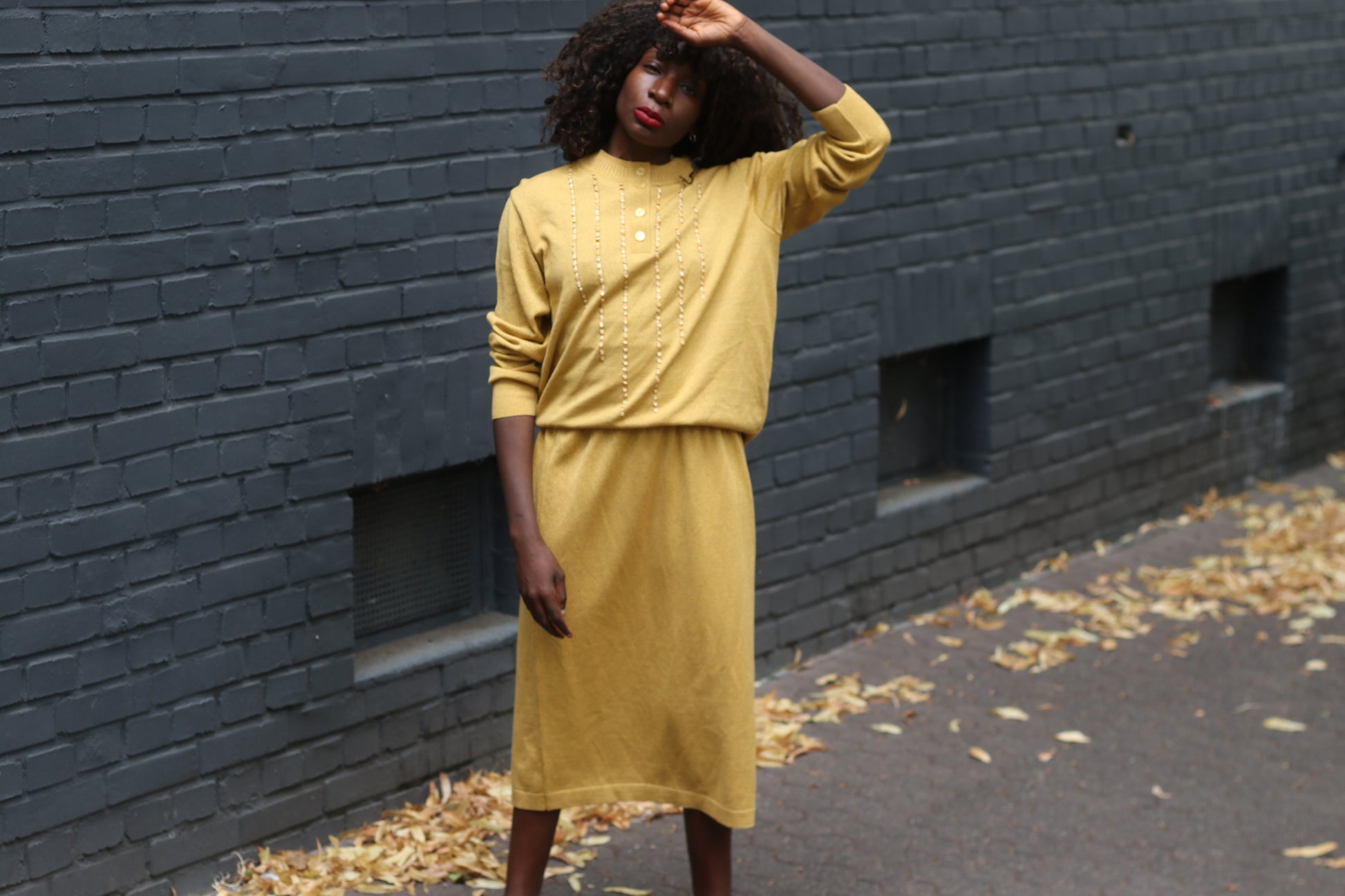 Vintage Wool Knit Skirt Set | 1980s Mustard Yellow Two Piece M