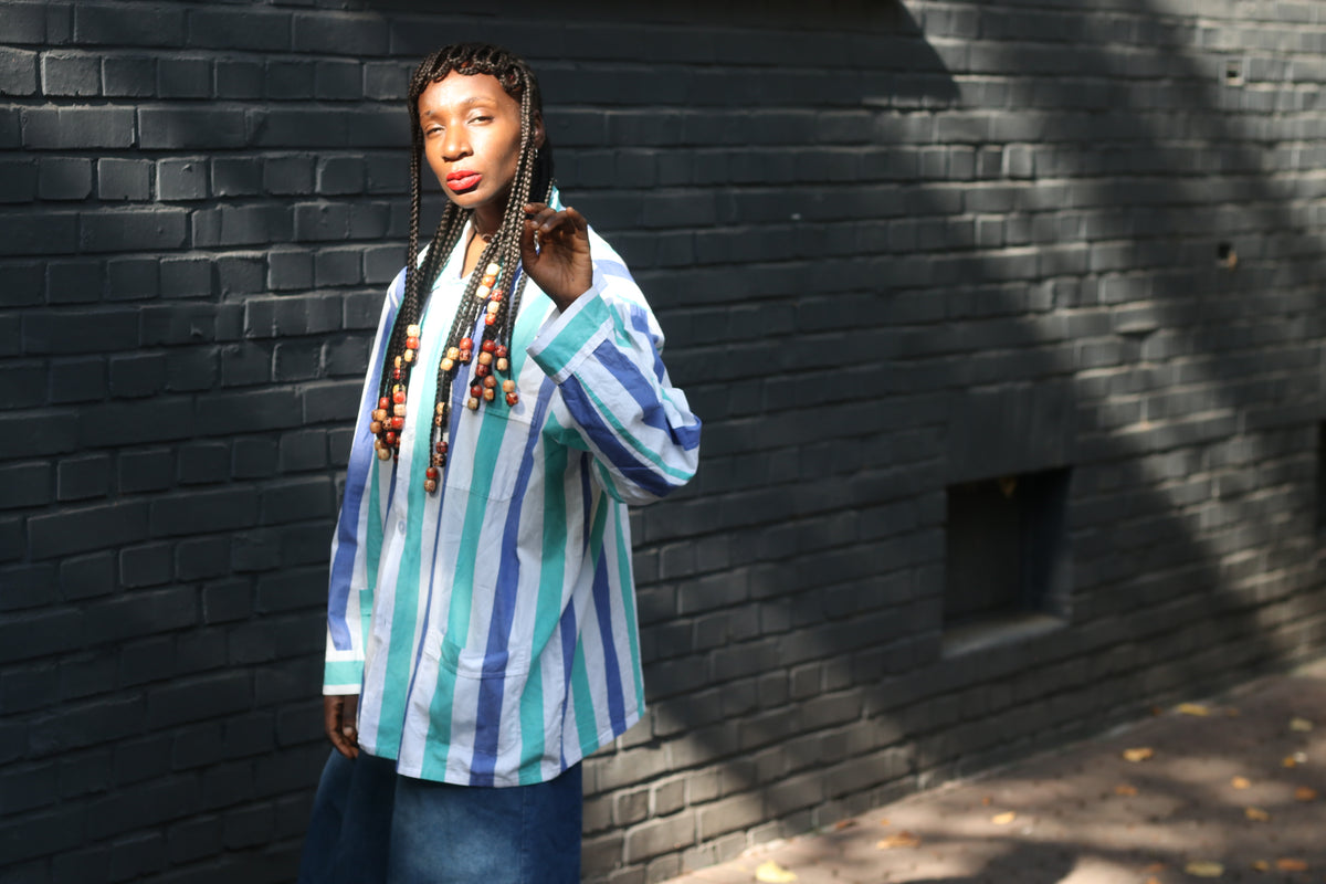 Striped Cotton Shirt Jacket - 80s Vintage Oversized Overshirt | L