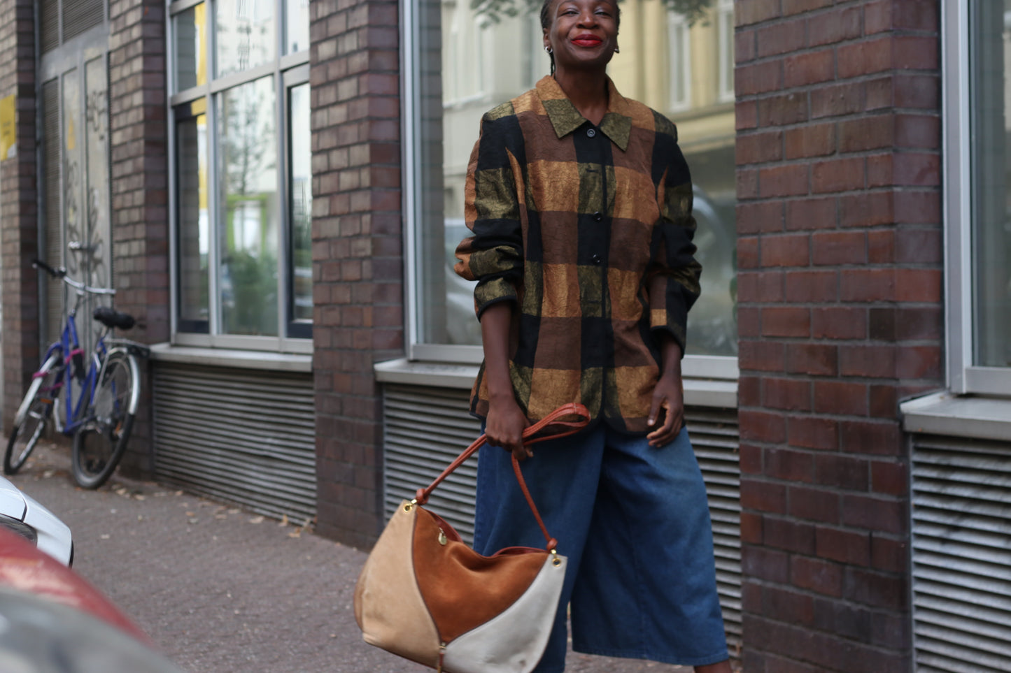Suede Shoulder Bag - Vintage 80s Patchwork Tote - Brown Cream | Medium