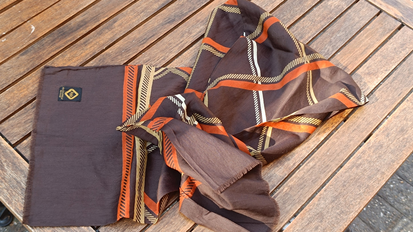 Pelo Vintage 70s Wool Silk Geometric Scarf - Brown Orange Plaid Wrap