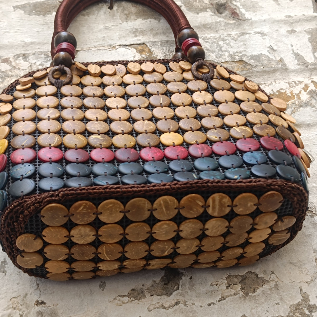 Coconut Shell Bag | Vintage 90s Boho Beaded Handbag | Natural Brown Red