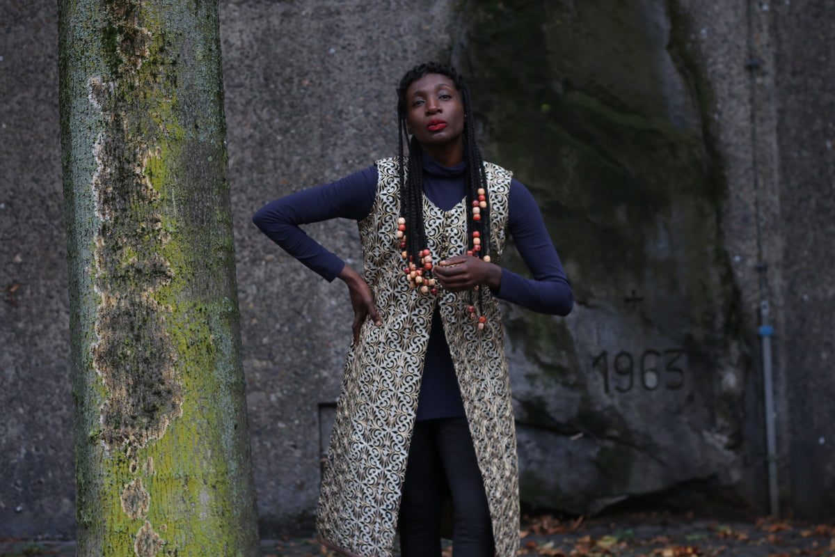 Vintage Gold Embroidery Vest Coat - 90s Metallic Brocade Long Waistcoat | M