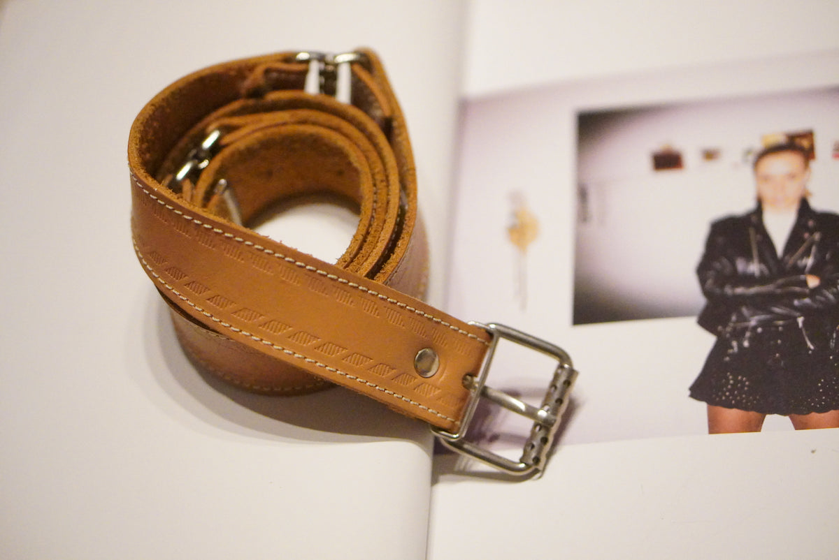 Vintage Brown Leather Belt | 70s Boho Tan Brown Embossed Detailed Belt
