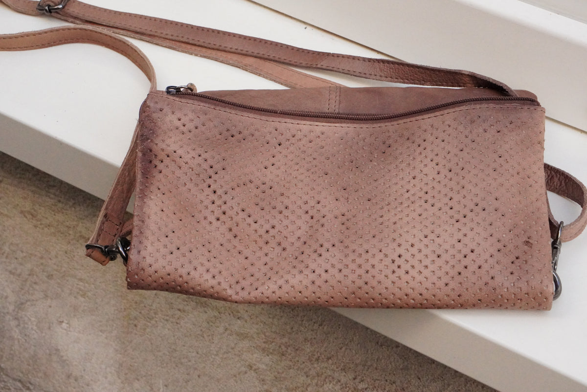 Leather Foldover Crossbody Bag | Y2K Boho Perforated Clutch | Taupe Brown