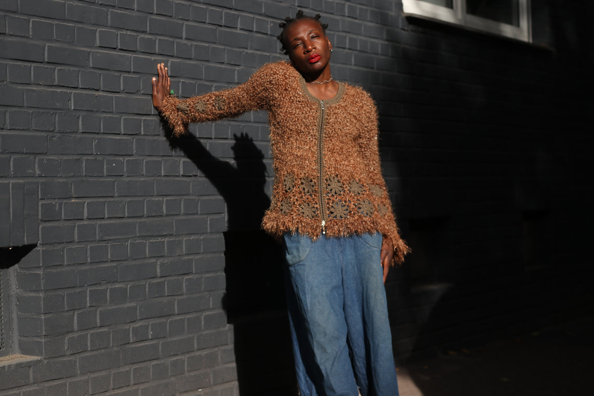 Vintage Brown Fuzzy Knit Cardigan | Y2K Crochet Trim Zipper Sweater XL