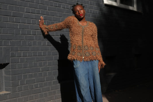 Vintage Brown Fuzzy Knit Cardigan | Y2K Crochet Trim Zipper Sweater XL