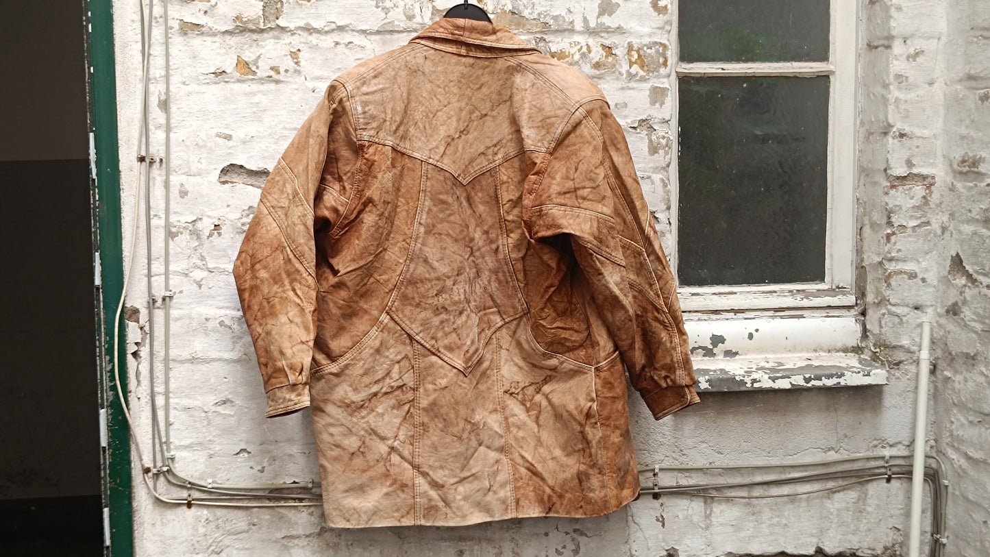 Creation SAM Leather Vintage 80s Tan Patchwork Coat - Retro Long Jacket