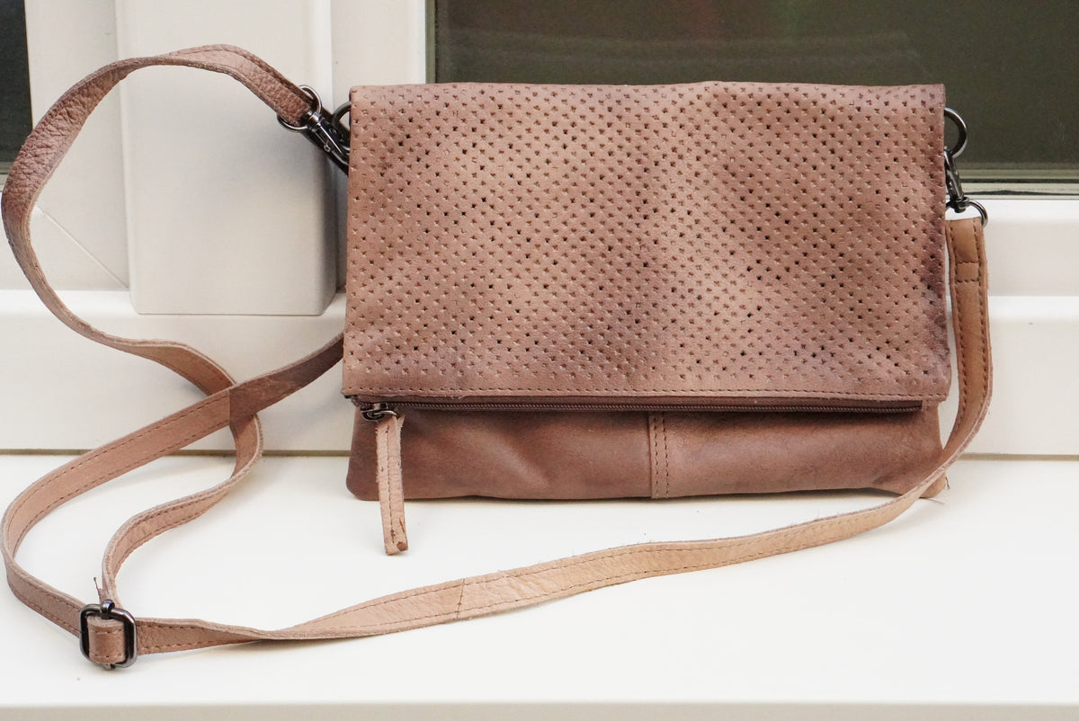 Leather Foldover Crossbody Bag | Y2K Boho Perforated Clutch | Taupe Brown