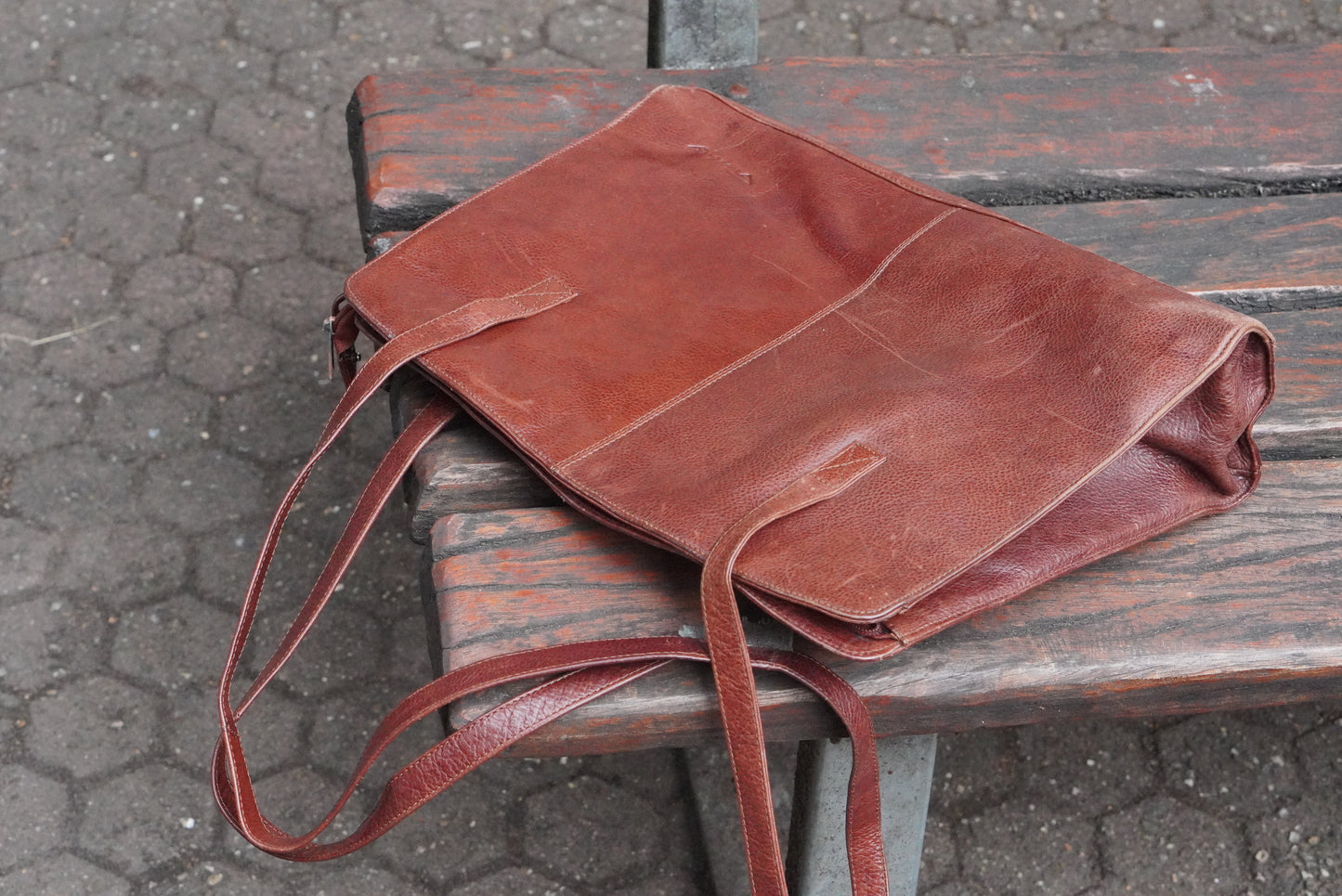 Funbag Vintage 90s Cognac Leather Tote Bag - Brown Shoulder Shopper