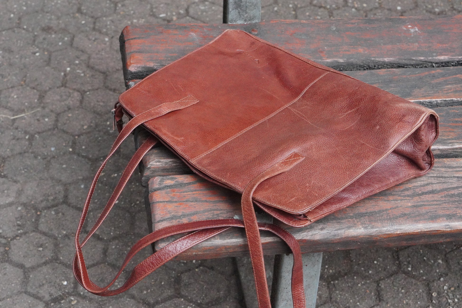 Funbag Vintage 90s Cognac Leather Tote Bag - Brown Shoulder Shopper