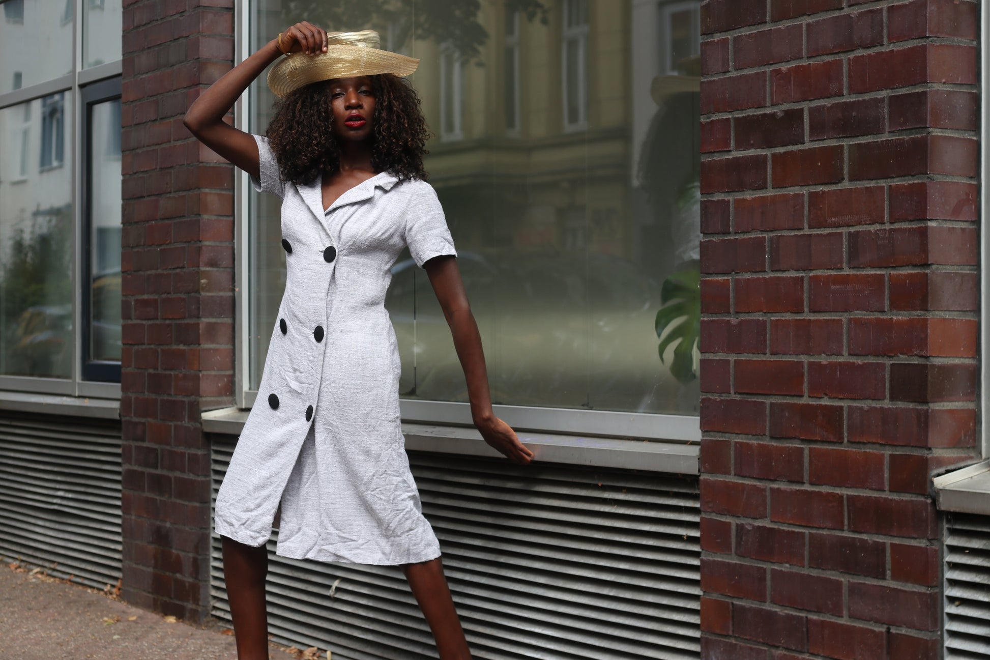 Linen Look Dress | 70s Vintage Double Breasted Midi | Light Grey S/M