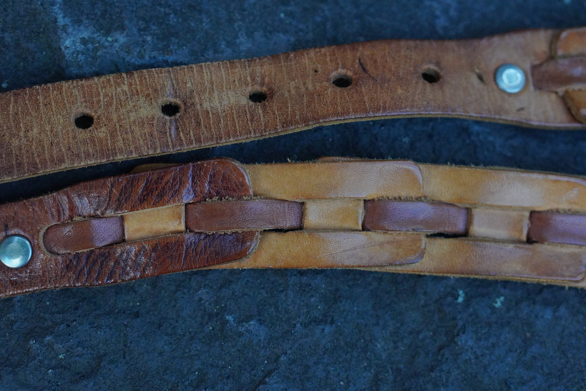 Woven Leather Belt | Vintage 70s Tan Brown | Silver Buckle S/M