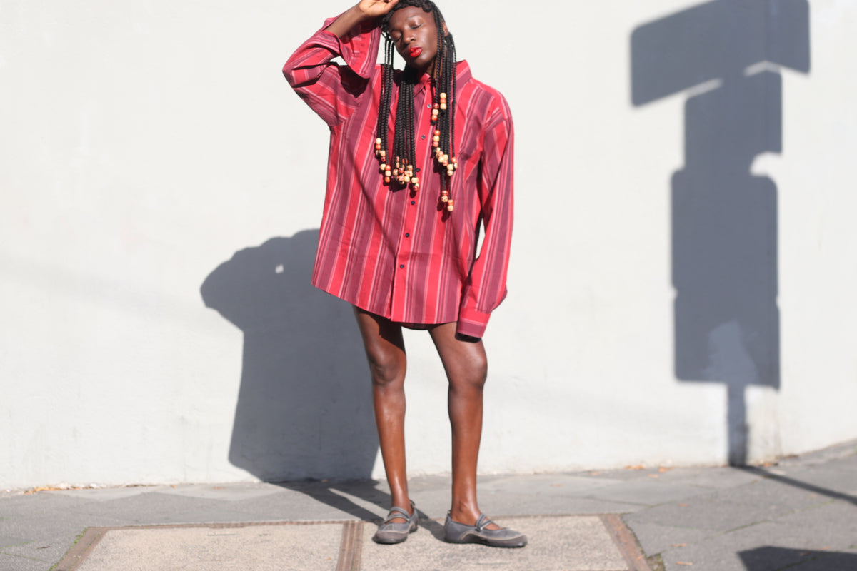 Vintage Striped Shirt - 90s Red Cotton Blend Unisex Christian Berg Button Up - M/L