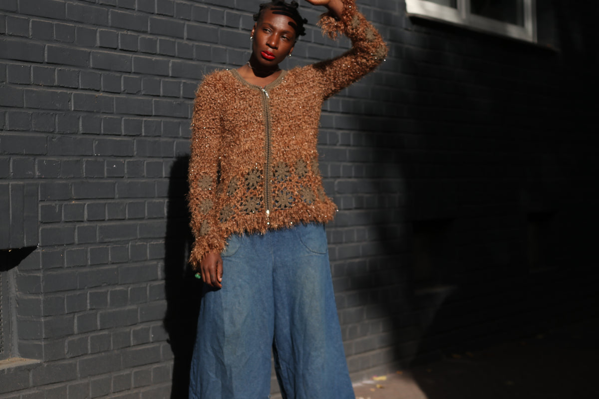 Vintage Brown Fuzzy Knit Cardigan | Y2K Crochet Trim Zipper Sweater XL