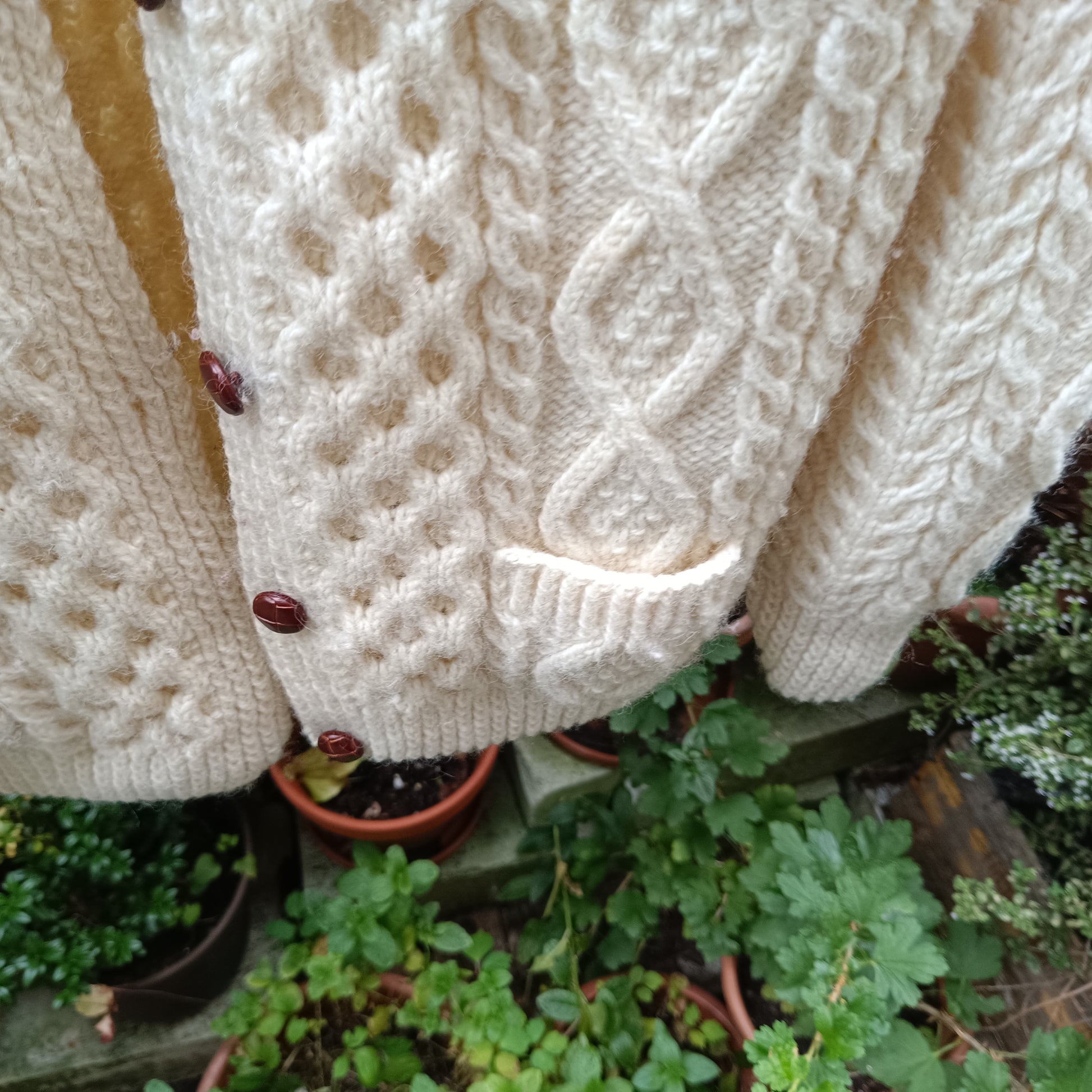 Irish Cable Knit Cardigan - Vintage 1970s Cream Aran Wool - M/L