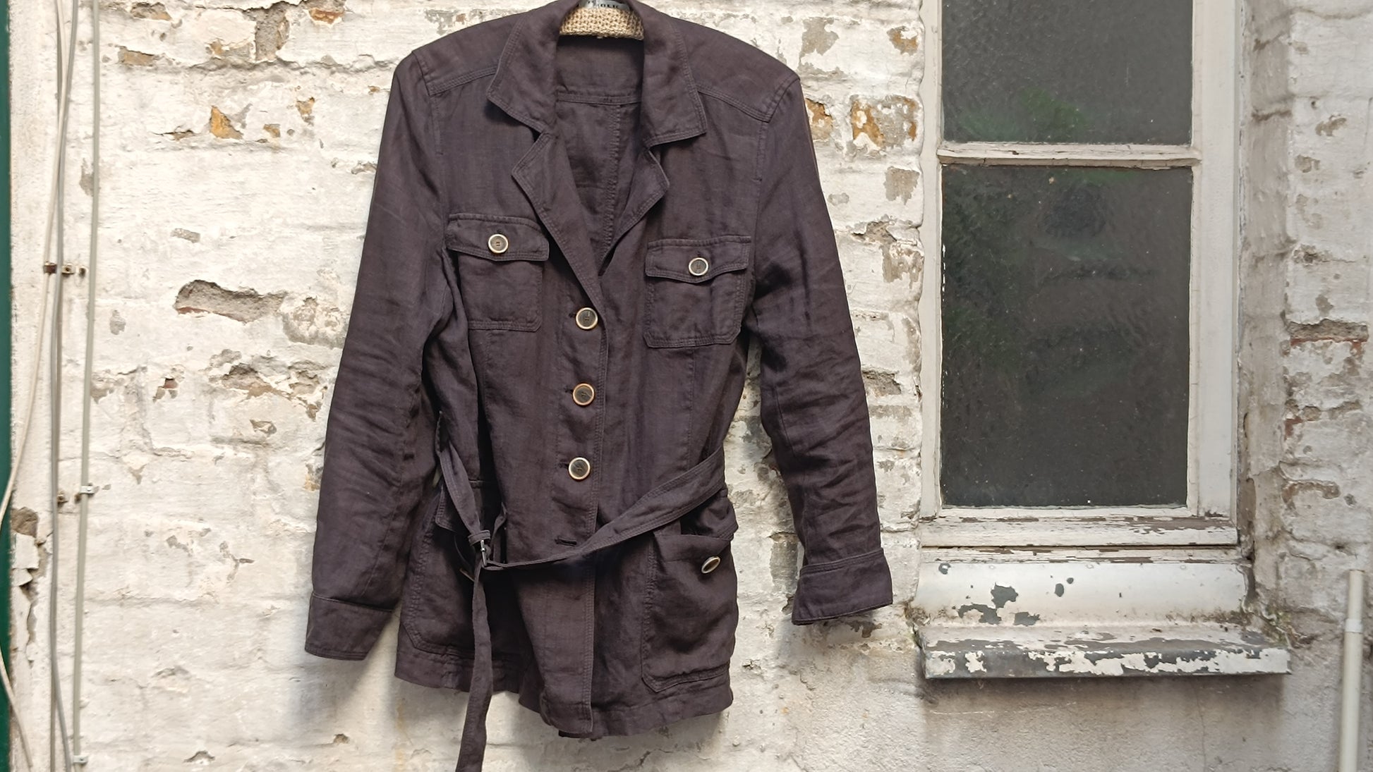 Vintage 90s Charcoal Grey Linen Safari Jacket - Public Utility Coat