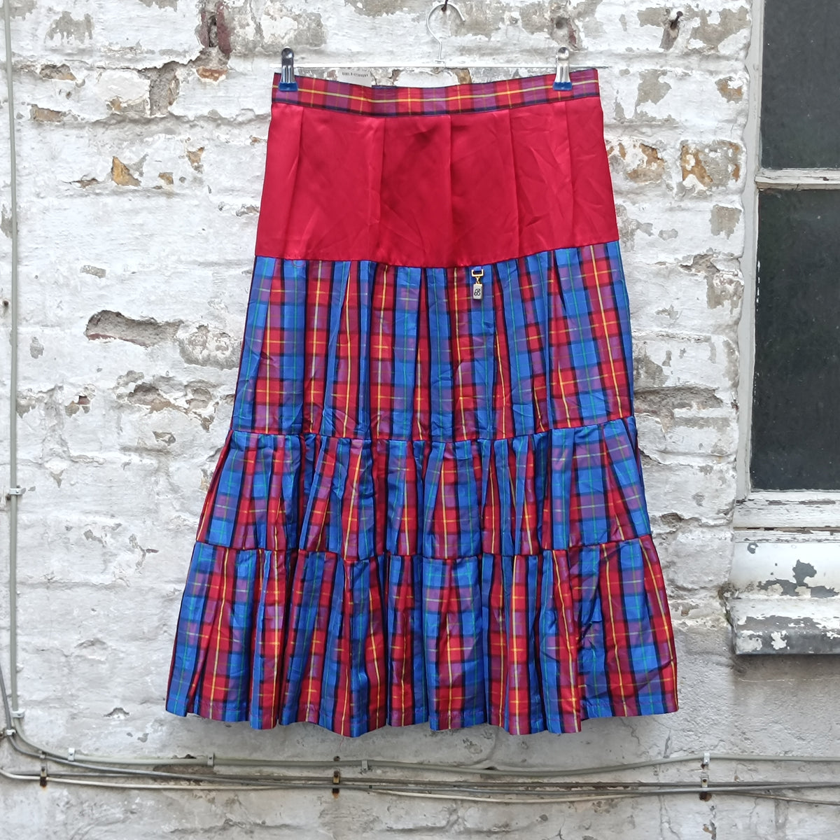 Vintage Tartan Midi Skirt 80s plaid tiered red blue fits L