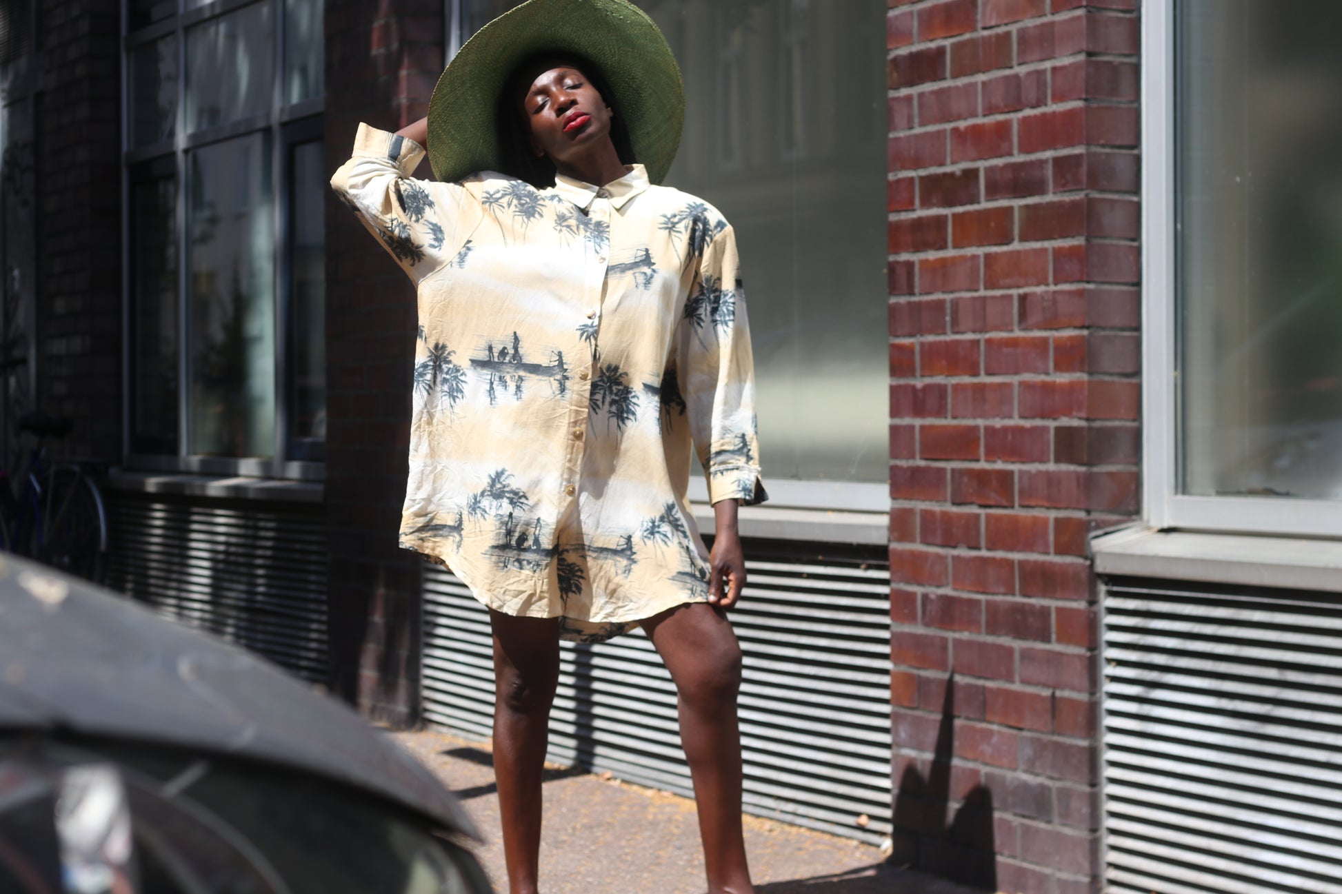 Vintage Palm Tree Shirt Dress 1990s Oversized Tropical Print Beige Long Blouse