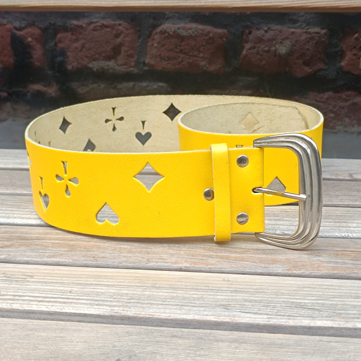 Vintage 90s Yellow Leather Belt - Playing Card Suit Cutouts