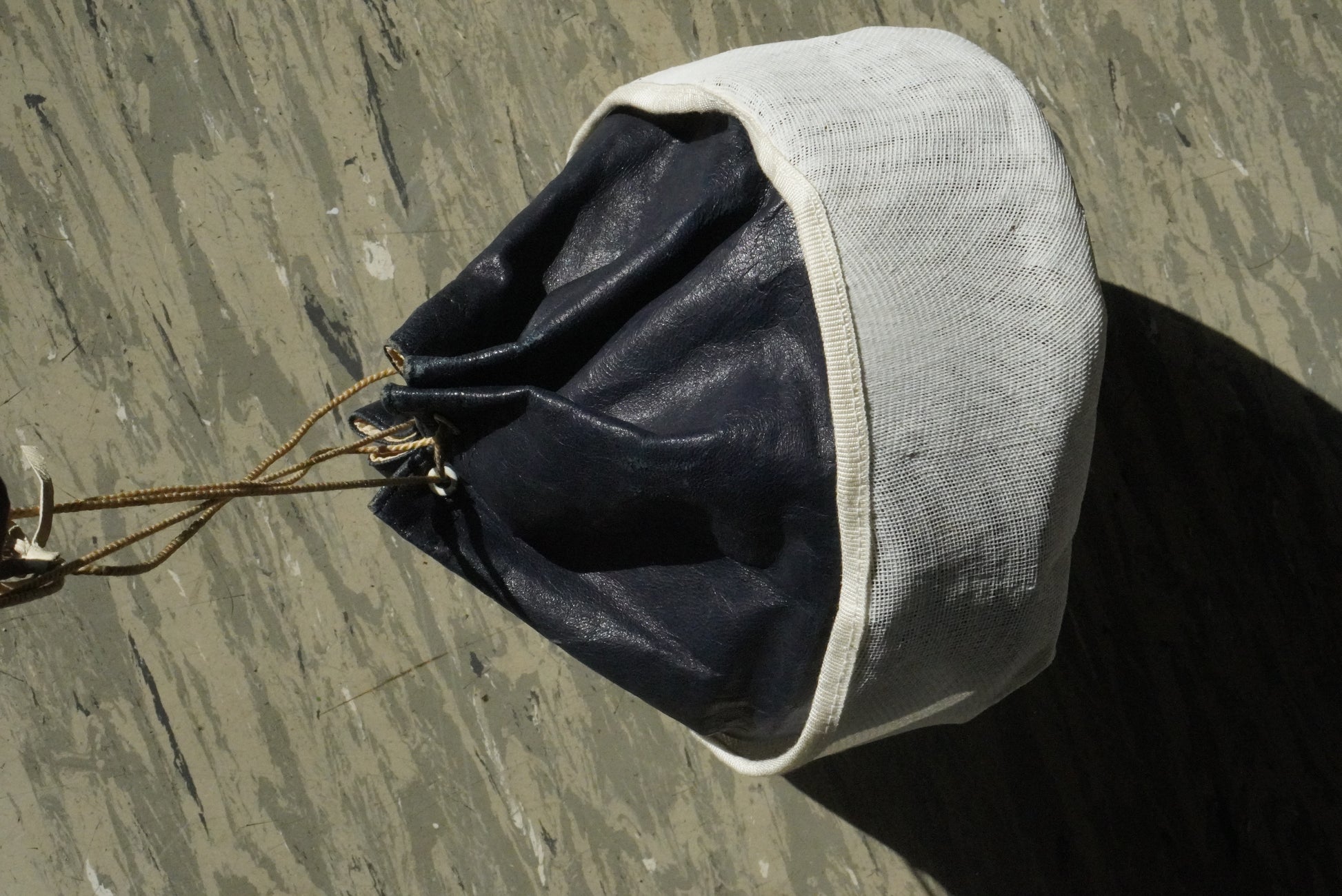 Vintage 70s Navy Leather Bucket Bag | Canvas Base Drawstring Pouch
