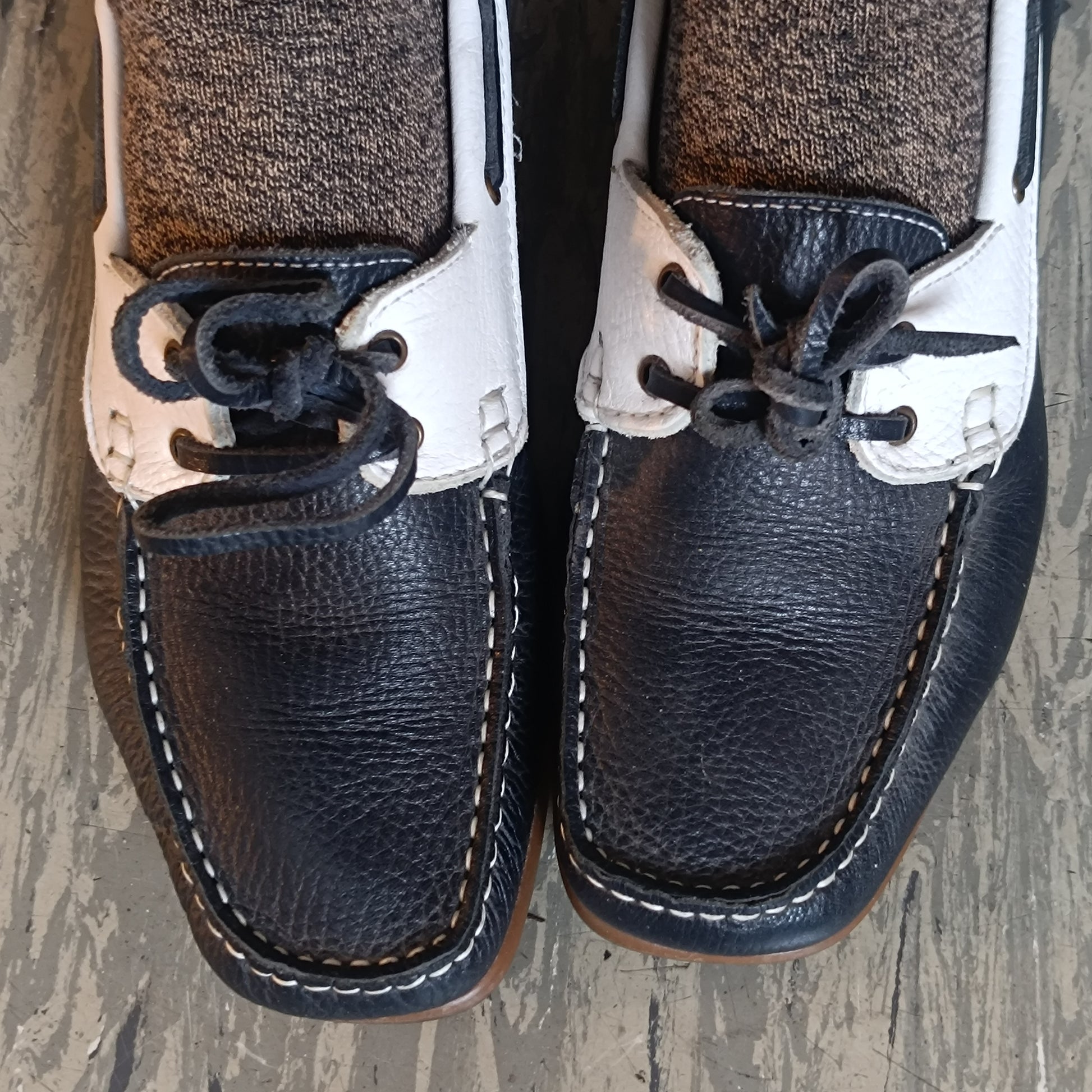 Vintage Boat Shoes | 90s Two Tone Leather Loafers Navy White EU 39