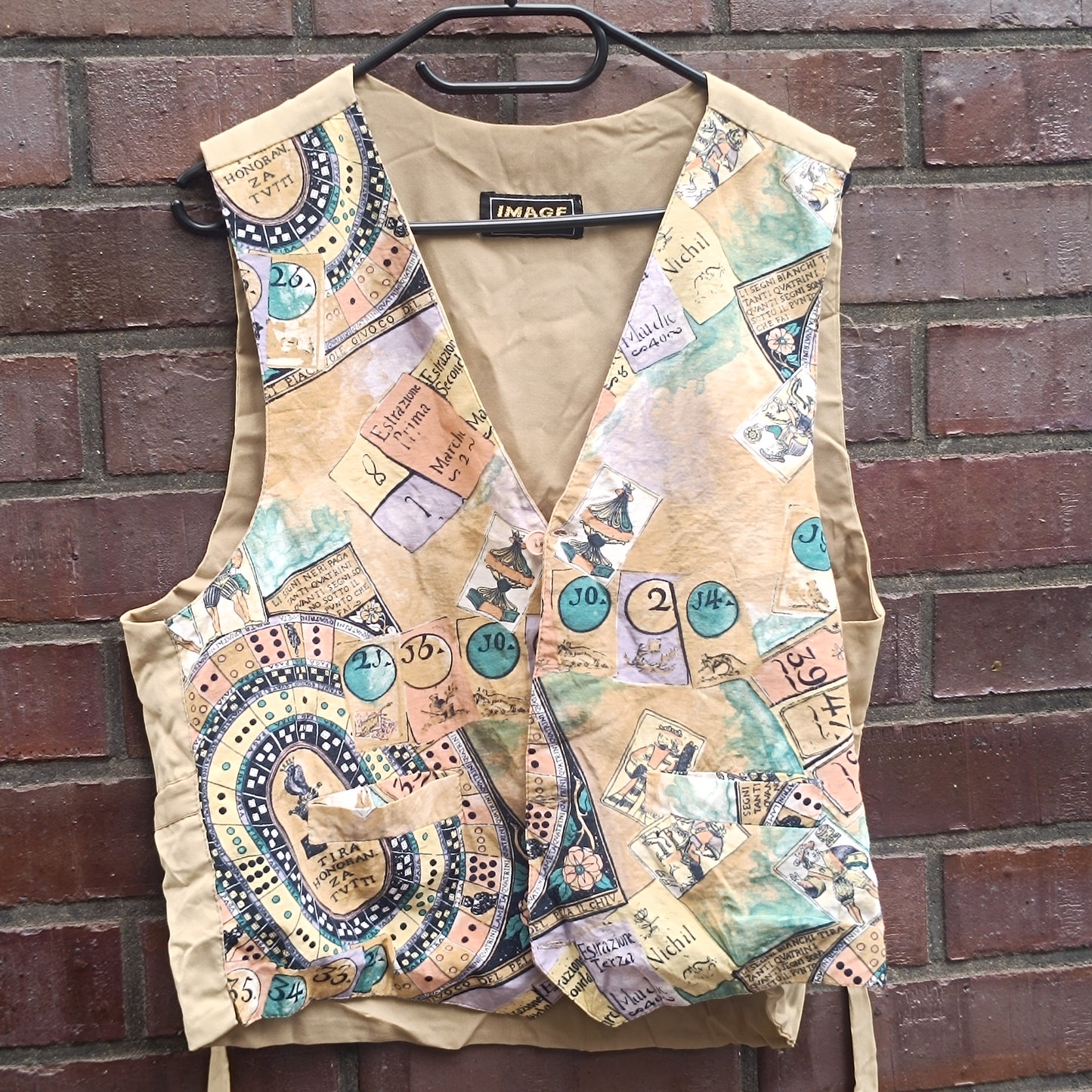 Vintage 90s Graphic Vest Novelty Print Waistcoat Beige Cotton Blend Renaissance