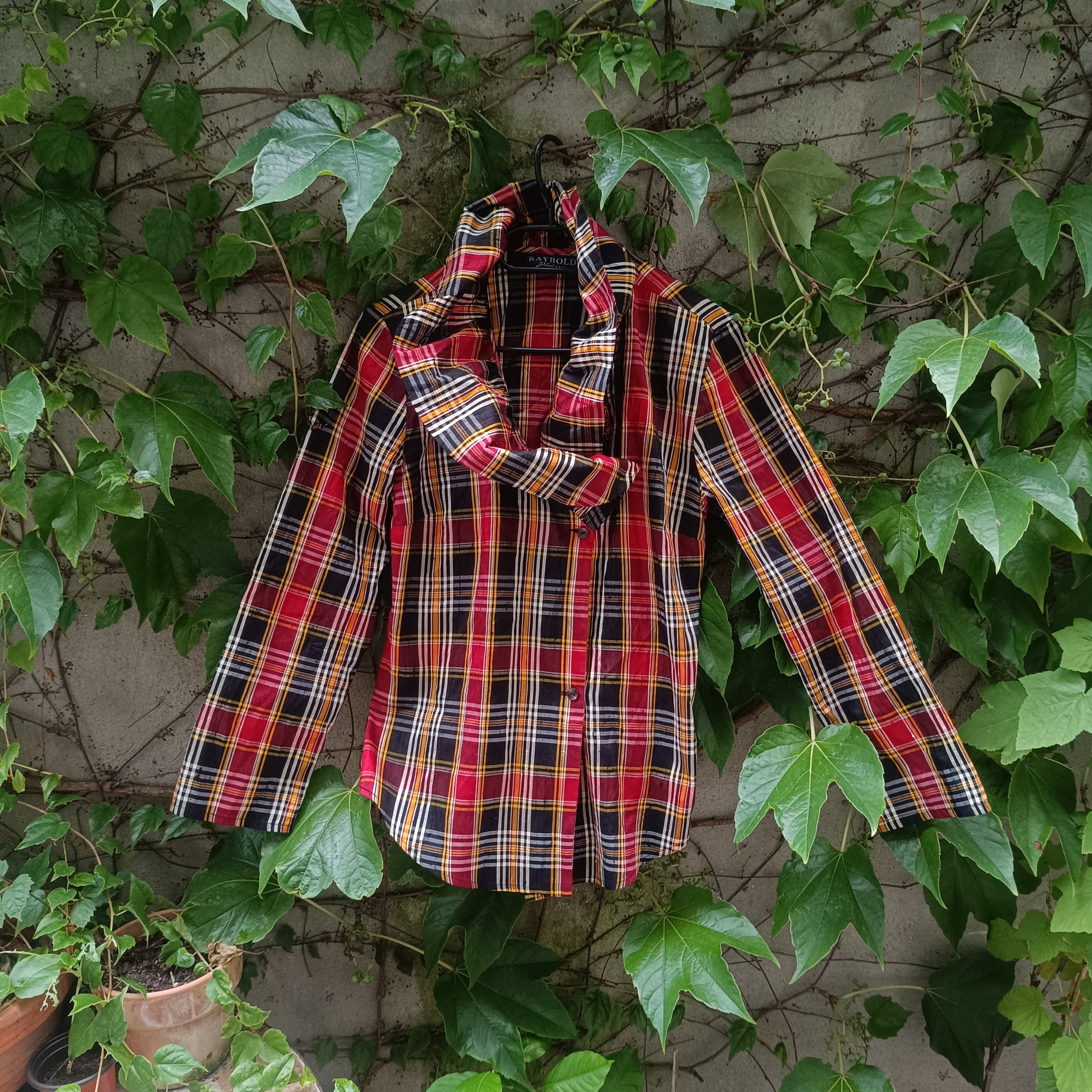 Vintage 90s Plaid Blouse - Red Tartan Draped Collar Shirt Raybold