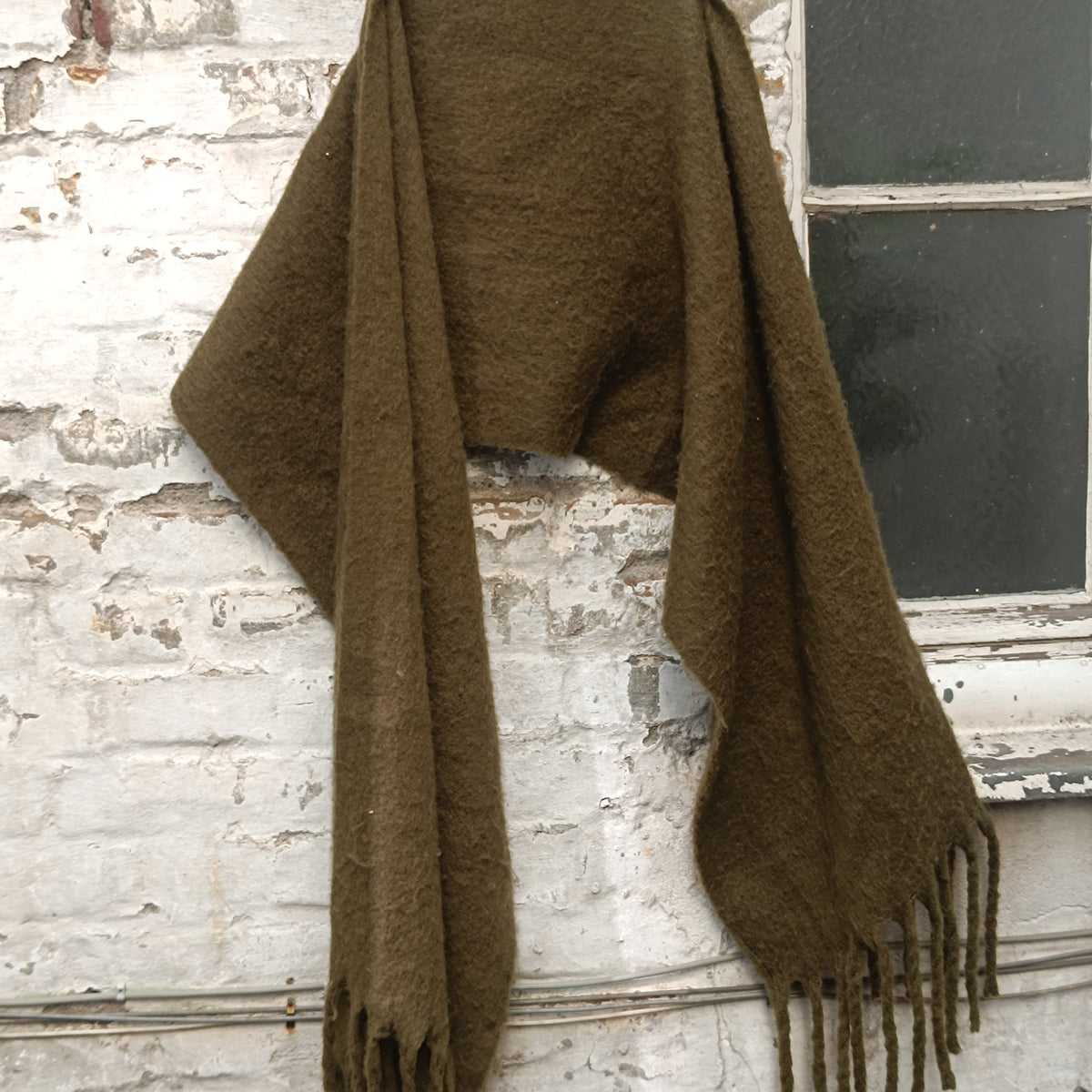 Vintage Olive Green Fringe Scarf | Cozy Winter Knit | Unisex Accessories