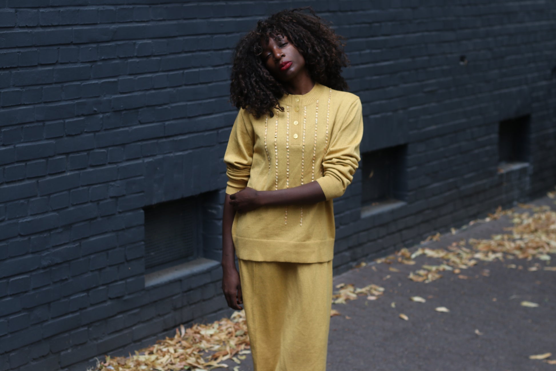 Vintage Wool Knit Skirt Set | 1980s Mustard Yellow Two Piece M