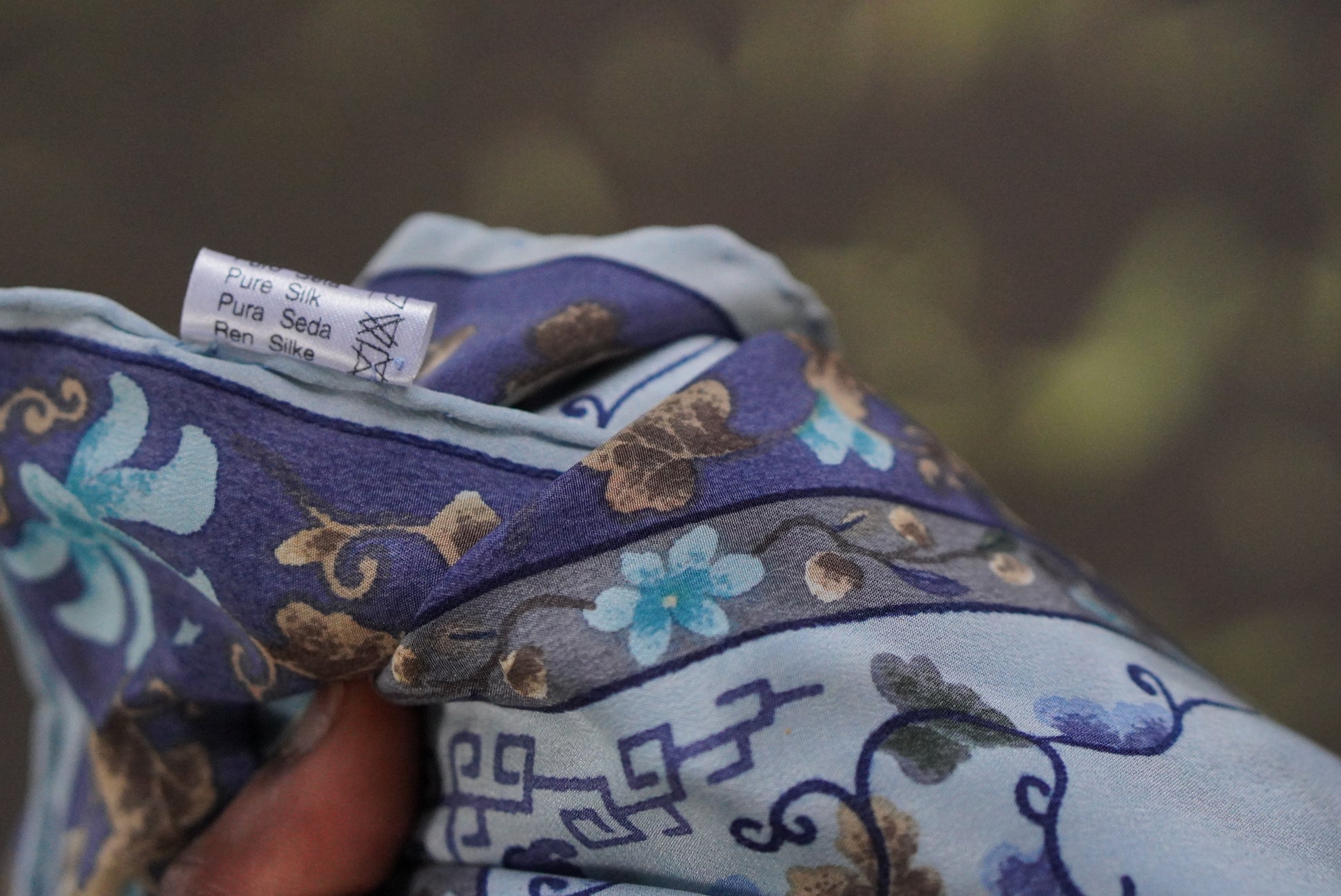Vintage Pure Silk Scarf Blue Floral Neckerchief Italian Silk Bandana Square Head
