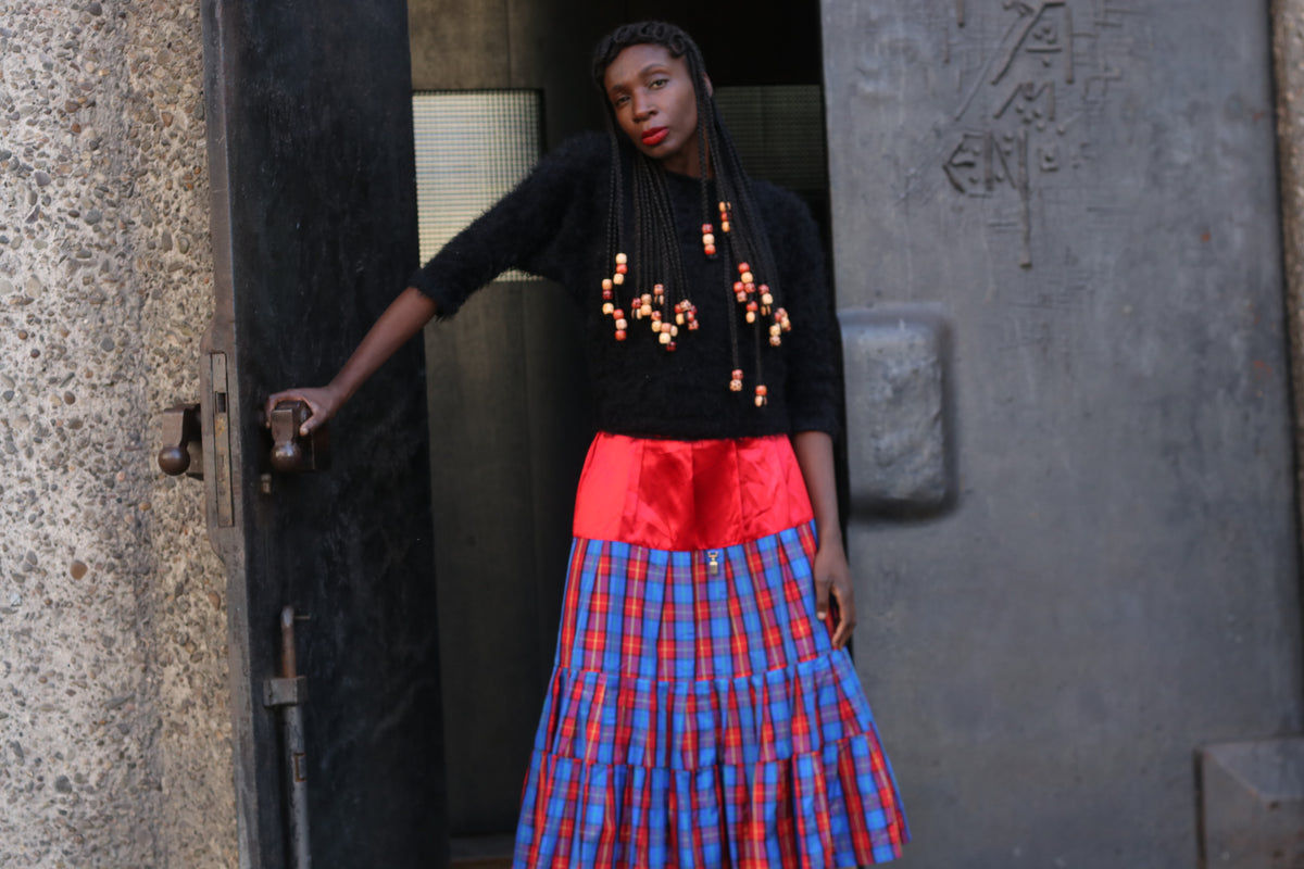 Vintage Tartan Midi Skirt 80s plaid tiered red blue fits L